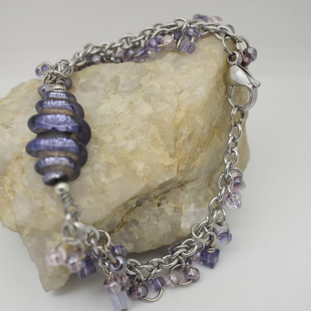 Purple Lilac Lavender Luster Artisan Lampwork Silver Lines Link Charm Bracelet